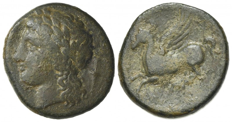 Sicily, Syracuse, 344-317 BC. Æ (19mm, 5.63g, 6h). Laureate head of Apollo l.; a...