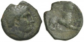 Sicily, Syracuse. Agathokles (317-289 BC). Æ Litra (21mm, 5.16g, 2h), c. 308-307 BC. Diademed head of Herakles r., hair bound with tainia. R/ Lion sta...