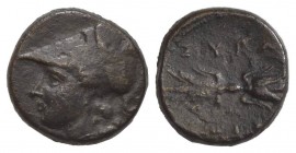Sicily, Syracuse, c. 305-295 BC. Æ Trias (12mm, 1.86g, 9h). Head of Athena l., wearing Corinthian helmet. R/ Winged thunderbolt. CNS II, 118; SNG ANS ...