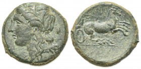 Sicily, Syracuse. Hiketas II (287-278 BC). Æ (22mm, 8.69g, 1h), c. 287-283. Wreathed head of Kore l. R/ Charioteer driving biga r. CNS II, 123 (Agatho...