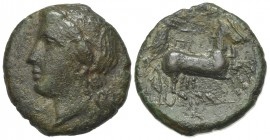 Sicily, Syracuse. Hiketas II (287-278 BC). Æ (19mm, 5.99g, 6h), c. 287-283. Wreathed head of Kore l. R/ Charioteer driving biga r.; star above. CNS II...