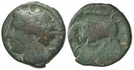 Sicily, Syracuse. Hieron II (275-215 BC). Æ (20mm, 5.41g, 11h), c. 275-269 BC. Wreathed head of Kore l. R/ Bull butting l.; club above. CNS II, 191-2;...