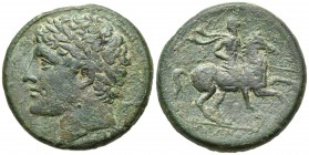Sicily, Syracuse. Hieron II (275-215 BC). Æ (28mm, 17.25g, 2h). Laureate head l. R/ Horseman riding r., holding spear; monogram below. CNS II, 193; cf...