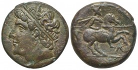 Sicily, Syracuse. Hieron II (275-215 BC). Æ (26mm, 15.40g, 11h). Diademed head l. R/ Warrior on horseback rearing r., holding spear; AP monogram below...