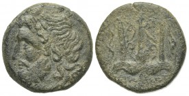Sicily, Syracuse. Hieron II (275-215 BC). Æ (18mm, 5.49g, 11h). Diademed head of Poseidon l. R/ Ornamented trident head flanked by two dolphins. SNG A...