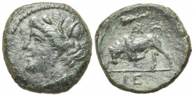 Sicily, Syracuse. Hieron II (275-215 BC). Æ (17mm, 4.05g, 3h). Head of Kore l. R/ Bull charging l.; club and monogram above, IE in exergue. CNS II, 20...