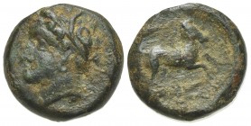 Sicily, Carthaginian Domain, c. 375-350 BC. Æ (15mm, 4.62g, 1h). Wreathed head of Tanit l. R/ Horse prancing r. MAA 15a; SNG Copenhagen 97; CNS III, 1...