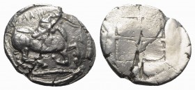 Thraco-Macedon Tribes, Mygdones or Krestones, c. 480-470 BC. AR Stater (24.5mm, 10.62g). Goat kneeling r., head reverted; ΛA above. R/ Quadripartite i...