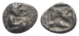 Thraco-Macedon, Siris, c. 525-480 BC. AR Eighth Stater – Trihemiobol (7mm, 0.68g). Archaic satyr squatting r. R/ Quadripartite incuse square. SNG Cope...