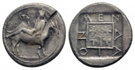 Macedon, Mende, c. 460-423 BC. AR Tetradrachm (25.5mm, 15.22g, 1h). Dionysos, holding kantharos, reclining l. on the back of an ass standing r. R/ Eth...