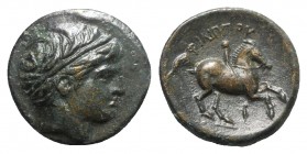 Kings of Macedon, Philip II (359-336). Æ (18mm, 5.56g, 3h). Uncertain mint. Head of Apollo r., wearing tainia. R/ Youth on horseback r.; I(?) below. C...