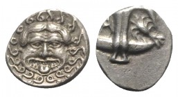 Thrace, Apollonia Pontika, c. mid-late 4th century BC. AR Drachm (12mm, 3.35g, 11h). Upright anchor; A to l., crayfish to r. R/ Facing gorgoneion with...