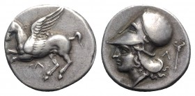 Akarnania, Leukas, c. 435-380 BC. AR Stater (20mm, 8.49g, 10h). Pegasos flying l.; Λ below. R/ Helmeted head of Athena l.; Λ and caduceus behind. Pega...