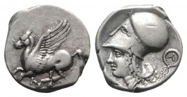 Akarnania, Leukas, c. 435-380 BC. AR Stater (21mm, 8.51g, 6h). Pegasos flying l.; Λ below. R/ Helmeted head of Athena l.; A within wreath behind. Pega...