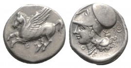 Akarnania, Thyrrheion, c. 320-280 BC. AR Stater (19mm, 8.60g, 3h). Pegasos flying l. R/ Helmeted head of Athena l.; earring to l. BCD Akarnania 373.3;...