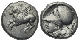 Epeiros, Ambrakia, c. 360-338 BC. AR Stater (19mm, 8.19g, 1h). Pegasos flying l. R/ Head of Athena l., wearing crested helmet; A and spearhead to r. C...