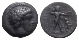 Thessaly, Kierion, c. 350-300 BC. Æ Trichalkon (20mm, 7.97g, 6h). Laureate head of Apollo r. R/ Zeus striding r., preparing to hurl thunderbolt and ho...