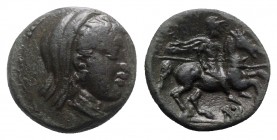 Thessaly, Pelinna, late 4th-3rd centuries BC. Æ Dichalkon (18mm, 6.36g, 12h). Veiled head of Mantho r. R/ Warrior, holding spear, on horse rearing r.;...