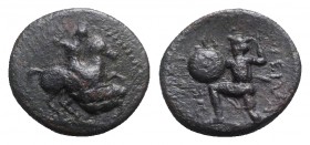 Thessaly, Pelinna, c. 400-375 BC. Æ Chalkous (15mm, 2.73g, 6h). Horseman r., raising spear to strike. R/ Warrior advancing l., wearing petasos, holdin...