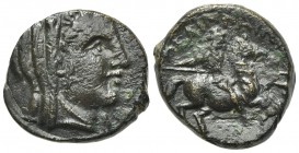 Thessaly, Pelinna, late 4th to early 3rd centuries BC. Æ Dichalkon (18mm, 5.25g, 11h). Head of Mantho veiled r. R/ Helmeted Thessalian rider wearing c...