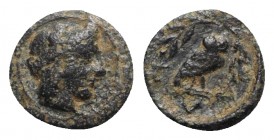 Attica, Athens, c. 287-284 BC. Æ (11mm, 0.71g, 8h). Helmeted head of Athena r. R/ Owl standing r., head facing, within wreath. Cf. SNG Copenhagen 98. ...