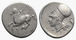 Corinth, c. 375-300 BC. AR Stater (21mm, 8.56g, 9h). Pegasos flying l. R/ Head of Athena l., wearing Corinthian helmet decorated with laurel wreath; A...