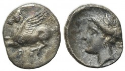 Corinth, c. 350-300 BC. AR Drachm (15mm, 2.33g, 12h). Pegasos flying l. R/ Head of Aphrodite l. Cf. BCD Corinth 160. Dark patina, Good Fine - near VF