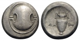 Boeotia, Thebes, c. 379-368 BC. AR Stater (22mm, 12.23g). Daim-, magistrate. Boeotian shield. R/ Amphora; ΔA-IM across field; all within incuse concav...