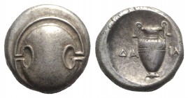 Boeotia, Thebes, c. 379-368 BC. AR Stater (21mm, 12.20g). Daim-, magistrate. Boeotian shield. R/ Amphora; ΔA-IM across field; all within incuse concav...