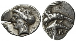 Paphlagonia, Sinope, c. 330-300 BC. AR Drachm (20mm, 5.87g, 6h). Head of nymph l., hair in sakkos. R/ Sea-eagle standing l., wings spread, on dolphin ...