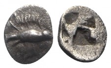 Mysia, Kyzikos, c. 500 BC. AR Obol (7.5mm, 0.50g). Tunny fish l. R/ Quadripartite incuse square. Von Fritze II 5; SNG von Aulock 7328. Toned, near EF