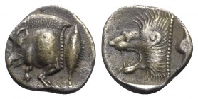 Mysia, Kyzikos, c. 450-400 BC. AR Diobol (10mm, 1.14g, 1h). Forepart of boar l.; to r., tunny upward. R/ Head of roaring lion l. within incuse square....
