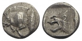 Mysia, Kyzikos, c. 450-400 BC. AR Diobol (9.5mm, 1.10g, 6h). Forepart of boar l.; H on shoulder; to r., tunny upward. R/ Head of roaring lion l. withi...