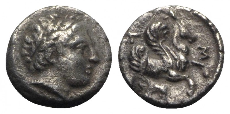 Mysia, Lampsakos, c. 4th century BC. AR Diobol (10mm, 1.03g, 10h). Laureate head...