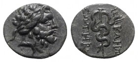 Mysia, Pergamon, c. 133-27 BC. Æ (17.5mm, 2.84g, 12h). Laureate head of Asklepios r. R/ Serpent-entwined staff of Asklepios. SNG BnF 1828-48. Green pa...