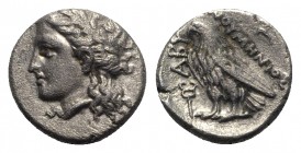 Troas, Abydos, c. 350-325 BC. AR Hemidrachm (13mm, 2.56g, 12h). Numenios, magistrate. Laureate head of Apollo l. R/ Eagle standing l.; kerykeion to l....