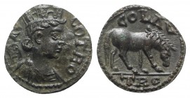 Troas, Alexandria, c. mid 3rd century AD. Æ (20mm, 5.82g, 1h). Turreted and draped bust of Tyche r., with vexillum over shoulder. R/ Horse grazing r. ...