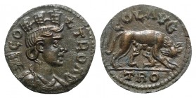Troas, Alexandria, c. mid 3rd century AD. Æ (21mm, 5.21g, 8h). Turreted and draped bust of Tyche r.; vexillum behind. R/ She-wolf standing r., sucklin...