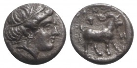 Troas, Antandros, early 4th century BC. AR Trihemiobol (11mm, 1.30g, 3h). Head of Artemis Astyrene r. R/ Goat standing r.; grape bunch above. SNG Cope...