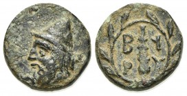 Troas, Birytis, c. 350-300 BC. Æ (11mm, 1.35g, 6h). Head of Kabeiros l., wearing pileos; two stars above. R/ Club within wreath. SNG Copenhagen 249. G...