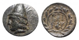 Troas, Birytis, 4th-3rd centuries BC. Æ (12mm, 1.14g, 5h). Head of Kabeiros l., wearing pileos; two stars above. R/ Club within wreath. BMC 1; SNG Cop...
