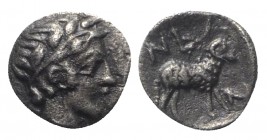 Troas, Neandria, 4th century BC. AR Obol (8mm, 0.47g, 3h). Laureate head of Apollo r. R/ Ram standing r. in shallow incuse square. SNG München 293; SN...