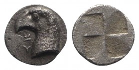 Aeolis, Kyme, c. 450-400 BC. AR Hemiobol (7mm, 0.49g). Head of eagle l.; KY to l. R/ Quadripartite incuse square. Cf. Klein 333; SNG Copenhagen 31. VF