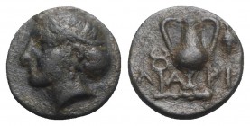 Aeolis, Larissa Phrikonis, c. 4th century BC. Æ (10mm, 1.35g, 6h). Female head l., wearing sakkos. R/ Amphora, grape and kerykeion above club. Unpubli...