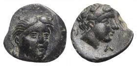 Aeolis, Larissa Phrikonis, 4th century BC. Æ (9mm, 1.10g, 12h). Horned female river-god facing slightly r. R/ Laureate head of Apollo r. SNG München 5...