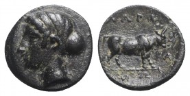 Aeolis, Larissa Phrikonis, c. 400-300 BC. Æ (10mm, 1.33g, 12h). Female head l., with hair in sakkos. R/ Bull standing r. SNG von Aulock 1658. VF - Goo...