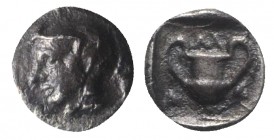 Lesbos, Methymna, c. 450-379 BC. AR Obol (6.5mm, 0.45g). Helmeted head of Athena l. R/ Kantharos between ivy leaves. Franke 11; HGC 6, 903. VF