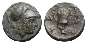 Lesbos, Methymna, c. 350-240 BC. Æ (11mm, 1.65g, 9h). Helmeted head of Athena r. R/ Kantharos; star above. HGC 6, 916. Some roughness, VF