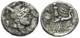 Lucius Axius L.f. Naso, Rome, 70 BC. AR Denarius (18mm, 3.37g, 6h). Helmeted head of Mars r., wearing crested helmet with plumes. R/ Diana driving big...