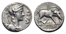 C. Hosidius C.f. Geta, Rome, 64 BC. AR Denarius (17mm, 3.98g, 6h). Diademed and draped bust of Diana r., with bow and quiver over shoulder. R/ Calydon...